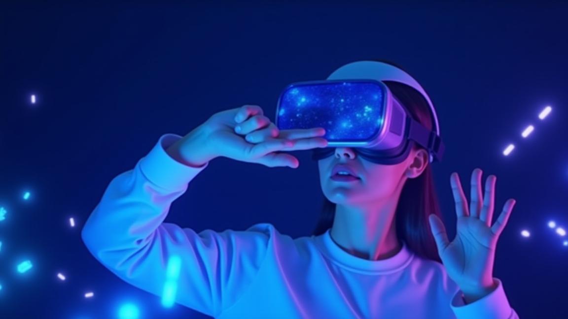 Persona usando gafas de realidad virtual, experimentando un entorno digital, Contenido VR